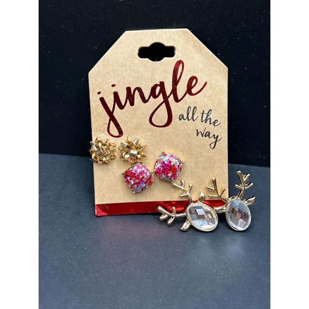 New! Jingle All The Way Holiday Christmas 3 Pair Earrings Set